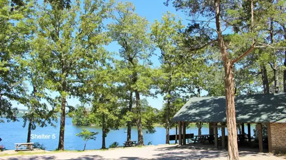 Shelter by a lake with picnic tables, surrounded by trees under a clear blue sky.