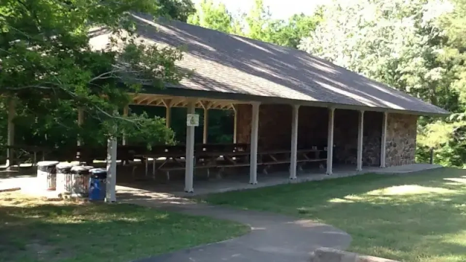 Pavilion with picnic tables, surrounded by trees and grass.