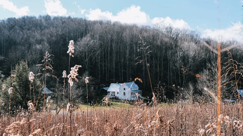 Aerial view of Miller Farmstead at Roan Mountain with surrounding fields and forest.
