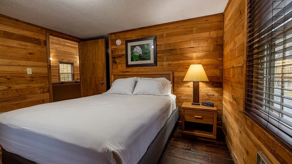 Master bedroom in a Roan Mountain cabin with a wood-frame bed, nightstands, and windows on two walls.
