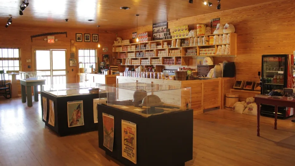 Warm, rustic general store interior with wooden walls, shelves stocked with canned goods, and display cases featuring vintage posters. Cozy and inviting.