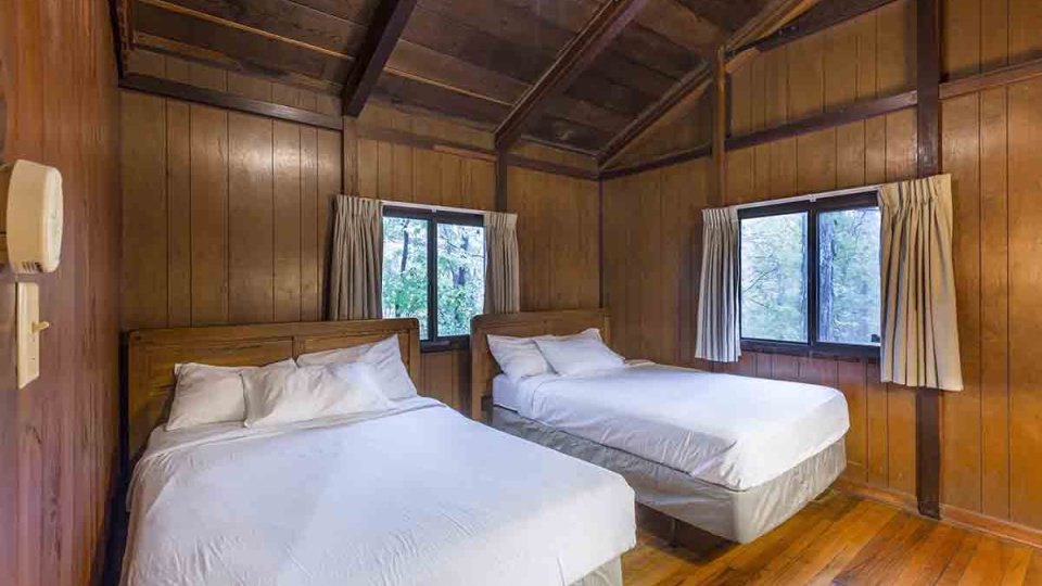 rustic cabin double bed wooden floors two windows