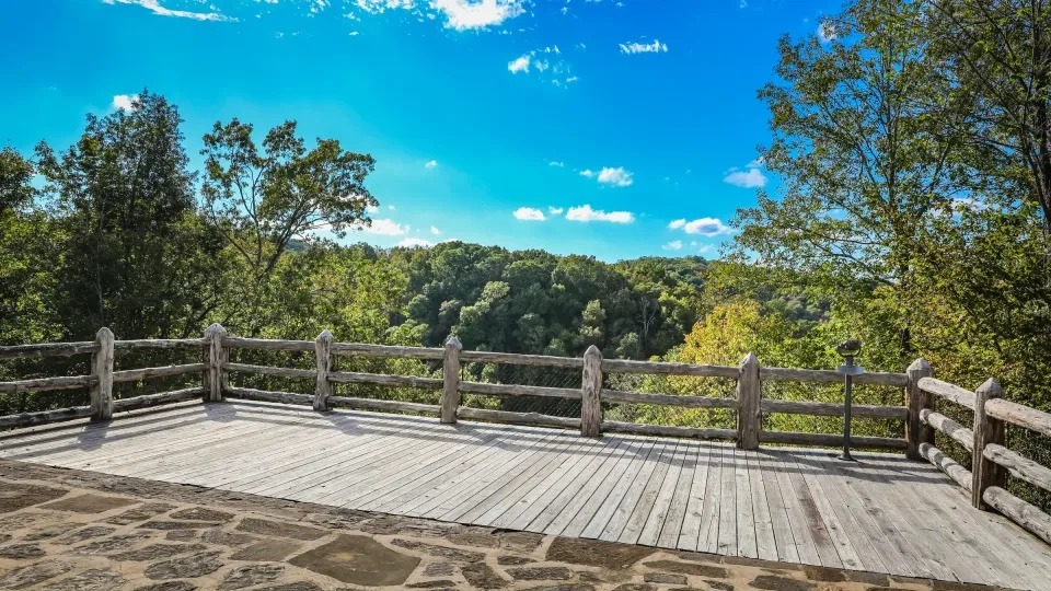 Wooden deck with rustic railing overlooking a lush forest under a bright blue sky.