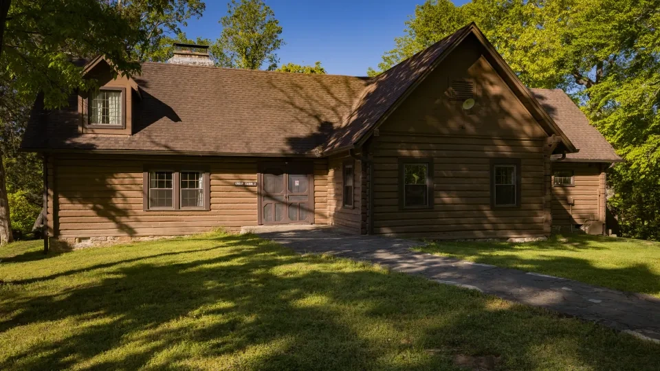 Brown log cabin with a sloped roof, surrounded by trees, under a clear blue sky.