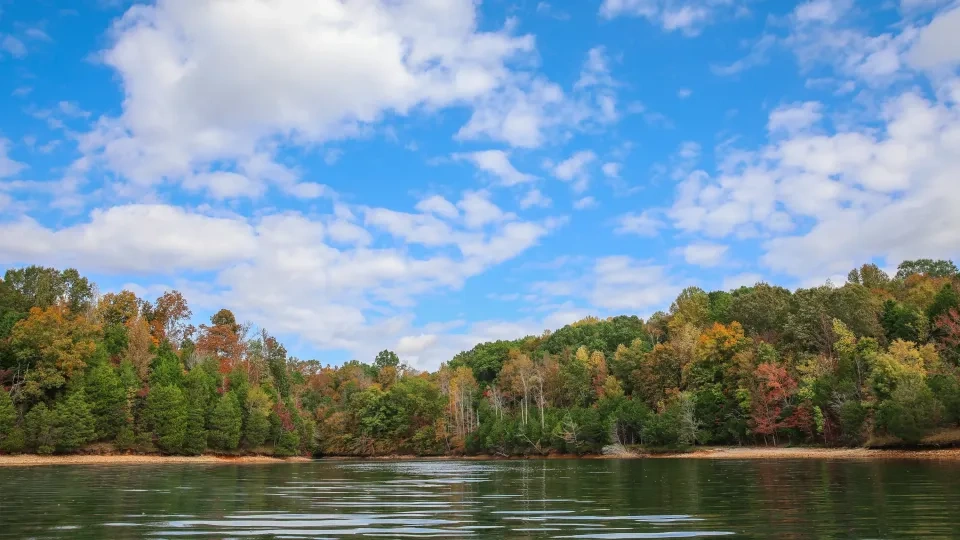 A serene autumn landscape with a calm lake reflecting the vibrant fall foliage of green, orange, and red trees under a bright blue, cloud-dotted sky.