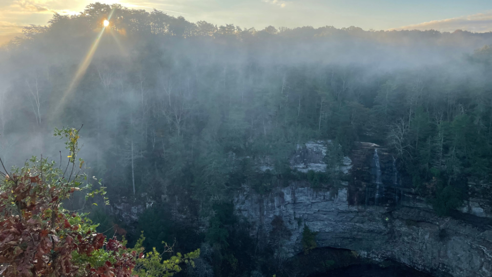 Sunrise over a misty forest and rocky cliff, with soft sunlight breaking through trees. Calm, serene atmosphere with a sense of tranquility.