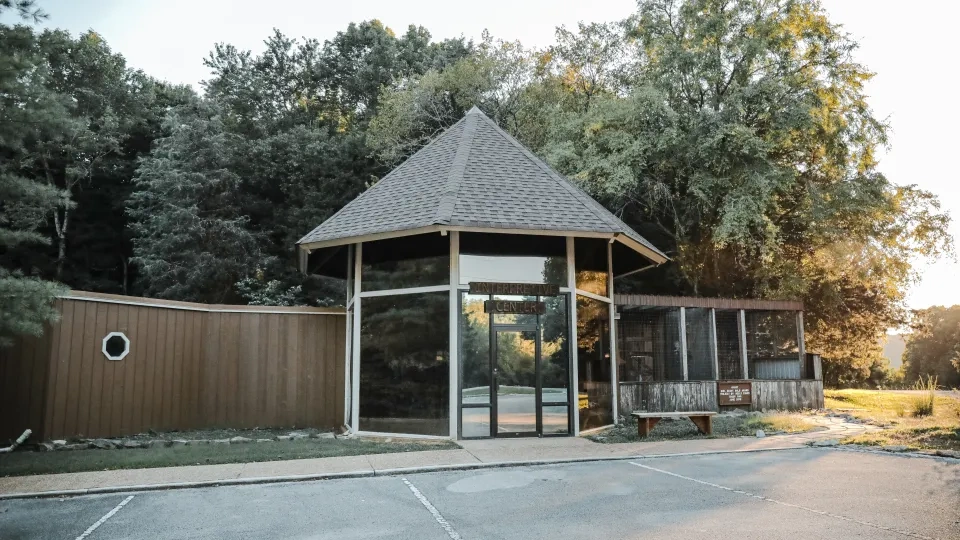 Hexagonal building with glass walls, surrounded by trees in bright sunlight.