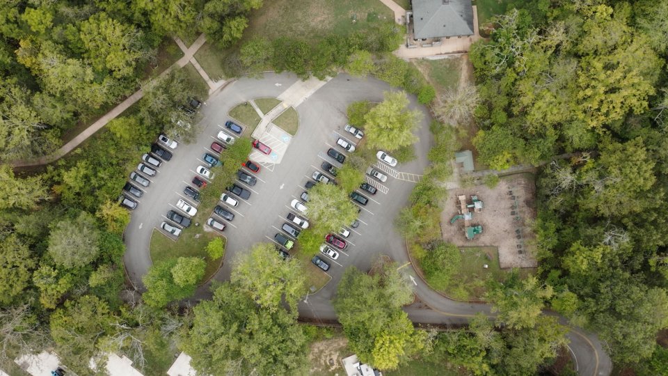 burgess falls parking lot with cars drone shot