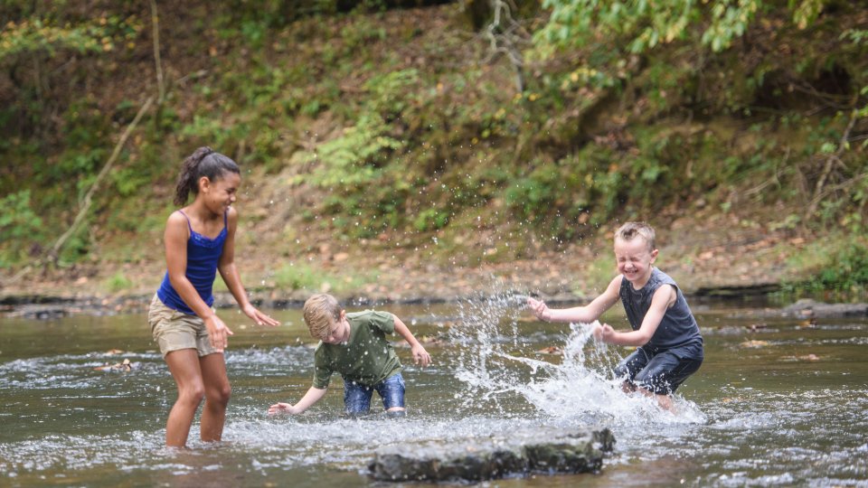 Three children laughing and splashing in a shallow river with lush greenery in the background. The scene exudes joy and a sense of carefree play.