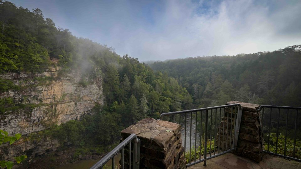 A misty cliffside overlook with lush green trees below. A stone and metal railing frames the scene, creating a serene, majestic atmosphere.