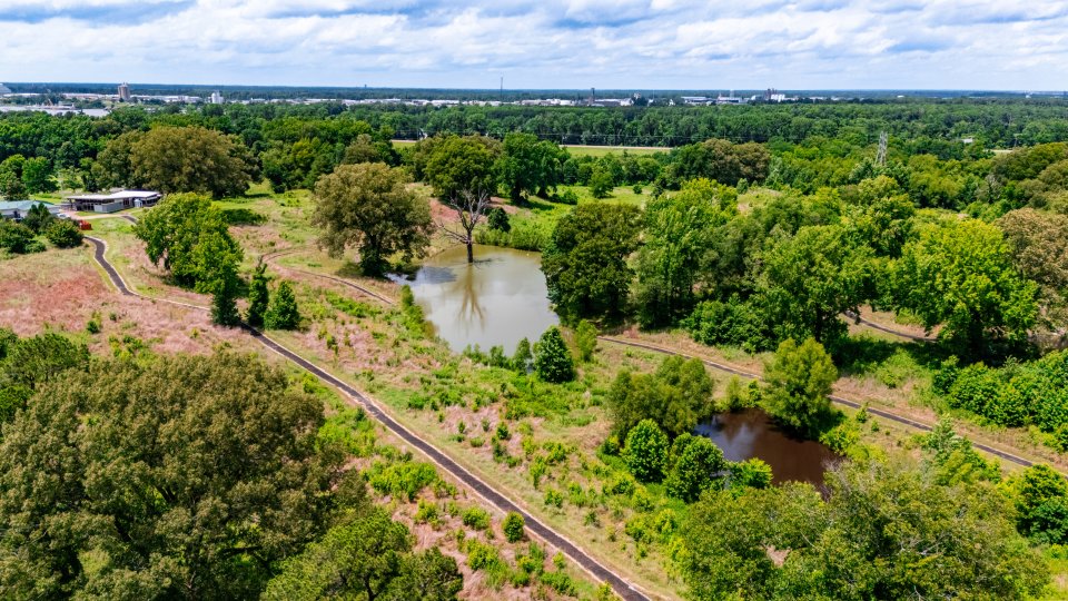 Aerial view of a lush park landscape with winding paths, two small ponds, and dense greenery. The scene is calm and expansive under a partly cloudy sky.