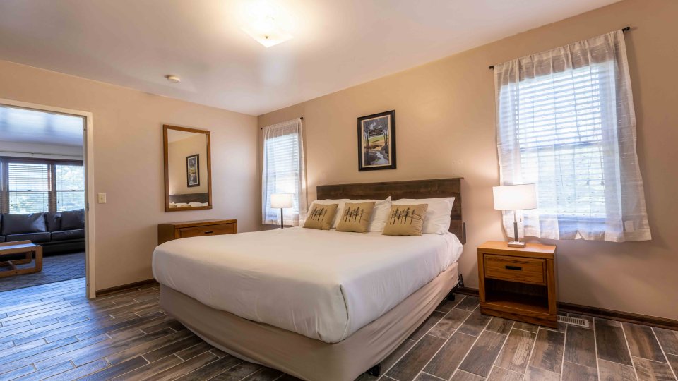 bedroom with wood flooring, a king size bed, two night stands with lamps, two windows, and a mirror