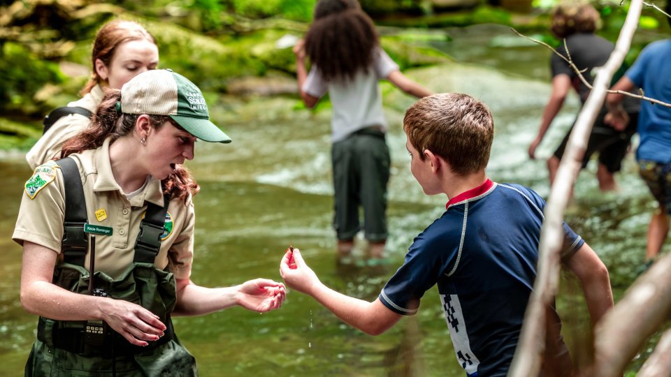 Ranger in creek looking at what child has caught in his hand