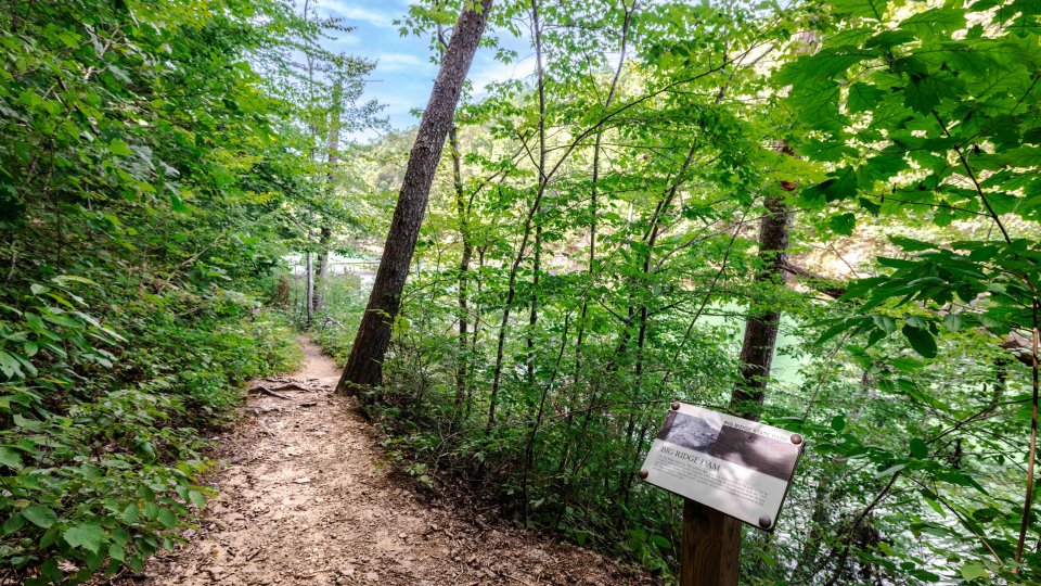 Narrow forest trail by a lake with a wooden signpost on the right.