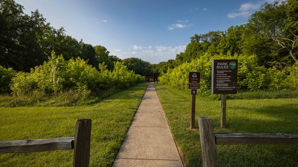 Concrete path leading into lush green park with informational signs.