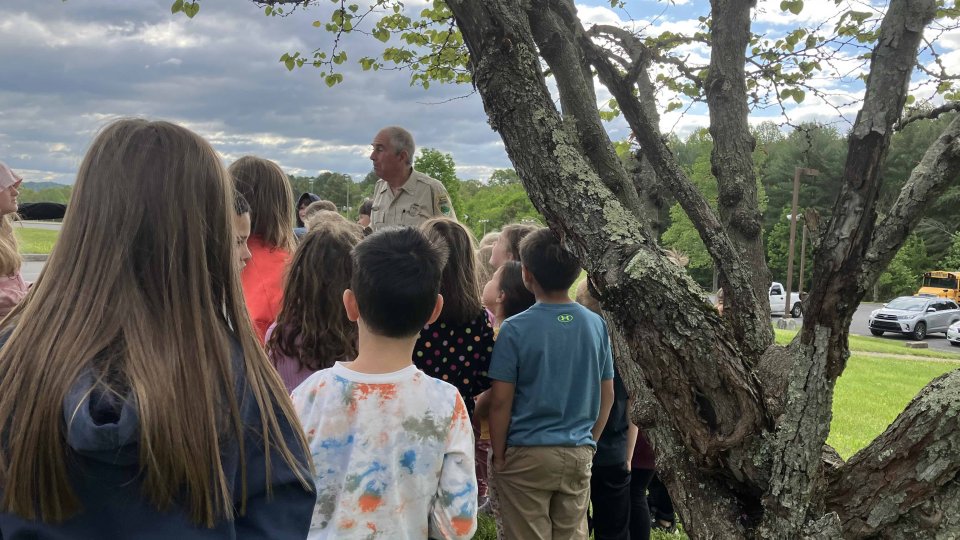 Group of children listening to a man outdoors near a tree.