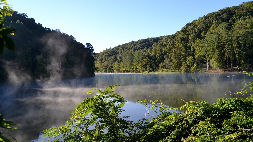 Misty lake surrounded by lush green hills under a clear blue sky.