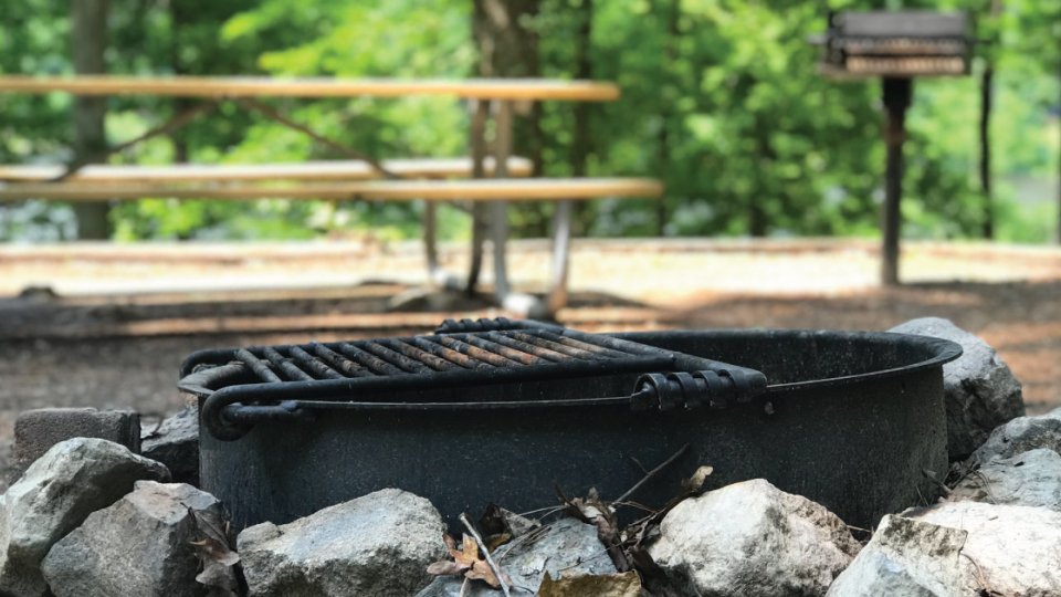 Outdoor grill surrounded by stones with picnic tables in background.