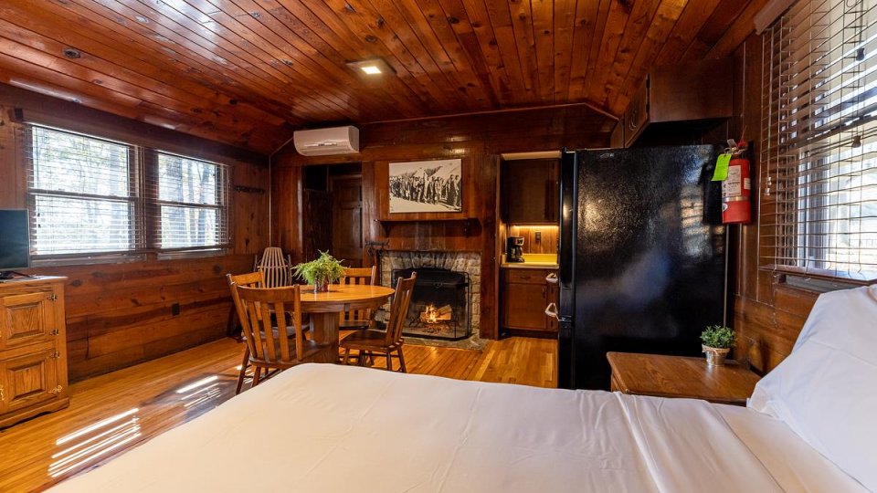 Cozy cabin interior with wood-paneled walls, a kitchenette, and a white bed.