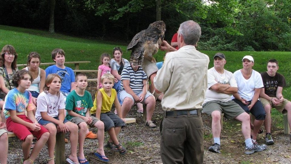 A man in a beige shirt shows an owl to an attentive group of seated children and adults outdoors. The setting is lush with green trees, creating a calm, educational atmosphere.