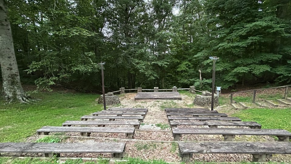 Outdoor amphitheater with wooden benches surrounded by trees.