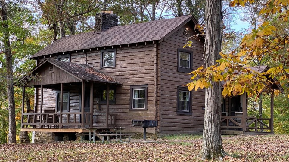Rustic wooden cabin in a forest with autumn leaves.