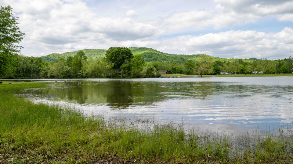 Serene lake scene with lush greenery and cloudy skies.