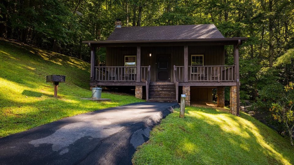 Wooden cabin in lush green forest with a driveway.