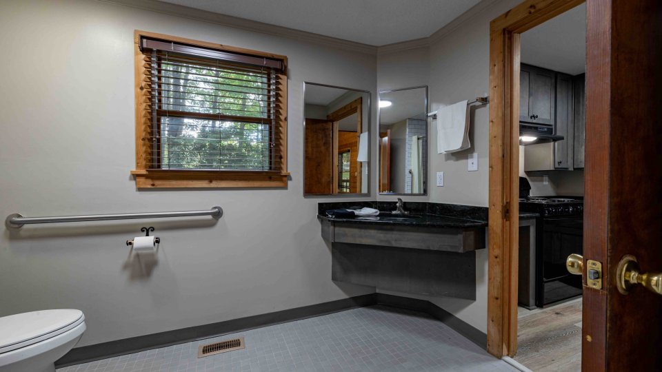 Spacious, accessible bathroom with white toilet, black tub, and assistive handrails.