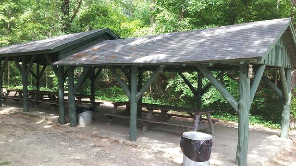 Wooden picnic shelter in a forested park with a trash bin.