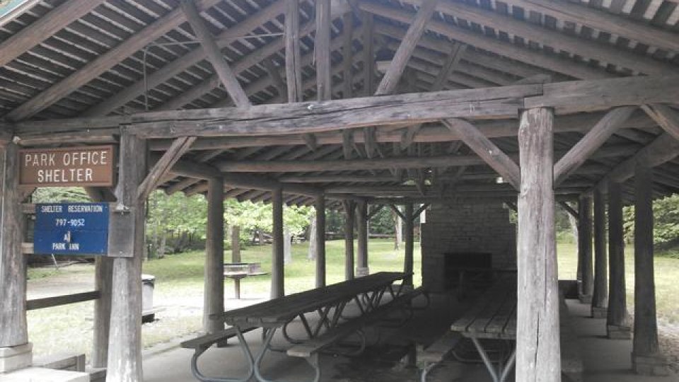 Rustic wooden shelter with picnic tables in a park setting.