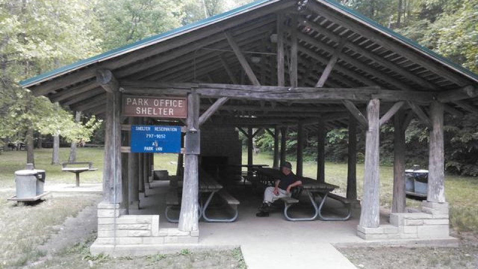 Outdoor park shelter with picnic tables and a wooden roof.
