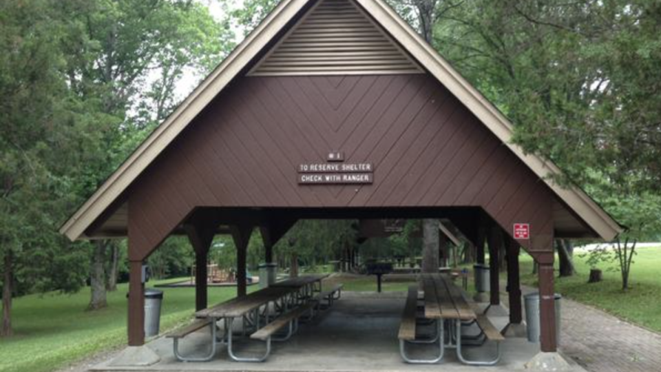 Pavilion in a park with picnic tables, surrounded by trees.