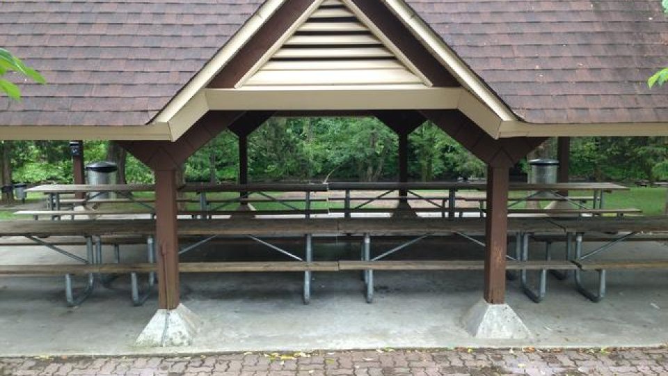 Pavilion with picnic tables under a sloped roof in a park setting.