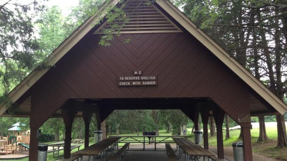Wooden picnic shelter with tables in a park setting.