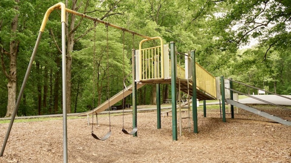 Empty playground with swings and a slide surrounded by trees.