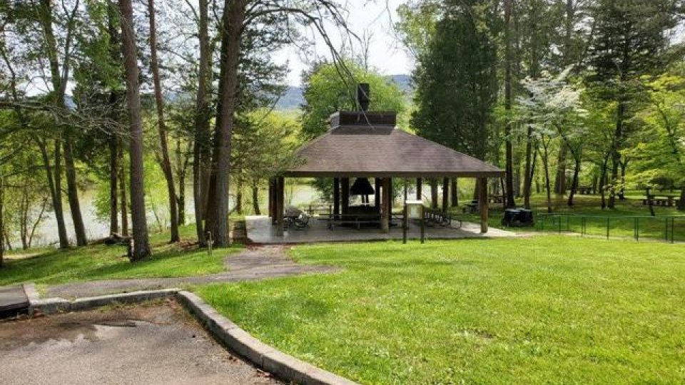 Pavilion with a chimney in a lush park by a lake.