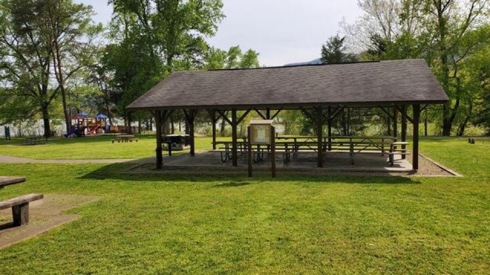 Picnic shelter in a park with tables and surrounding greenery.