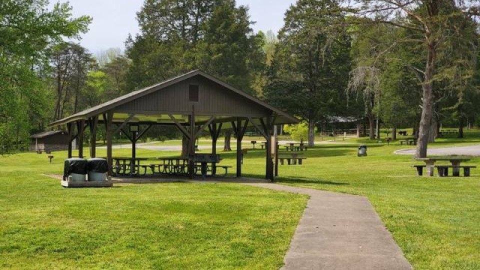 Picnic shelter in a lush park with a concrete path leading to it.