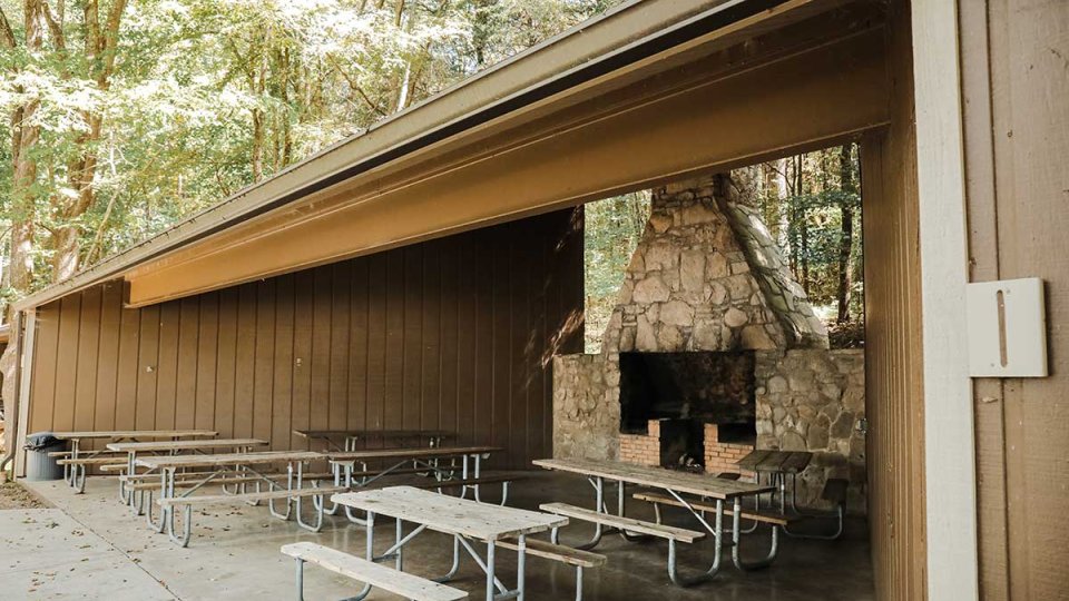 Outdoor pavilion with picnic tables and stone fireplace, surrounded by trees.
