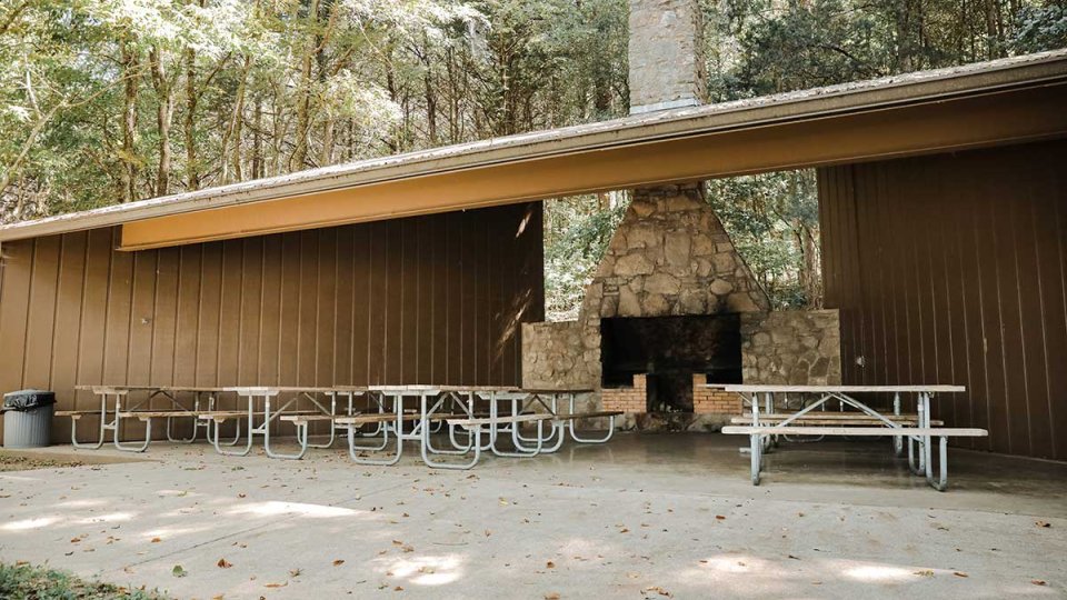 Shelter with stone fireplace and picnic tables in a wooded area.