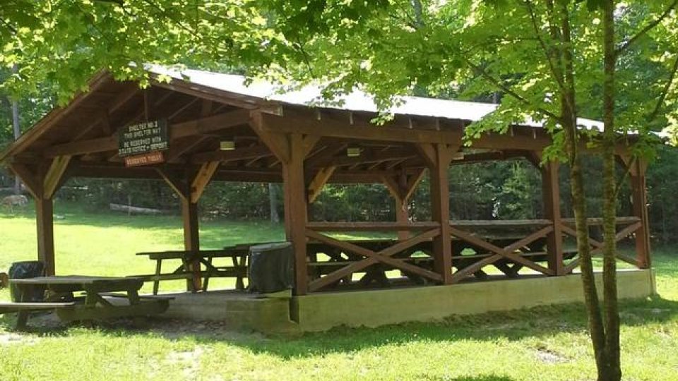 Wooden picnic shelter with tables in a sunny park.