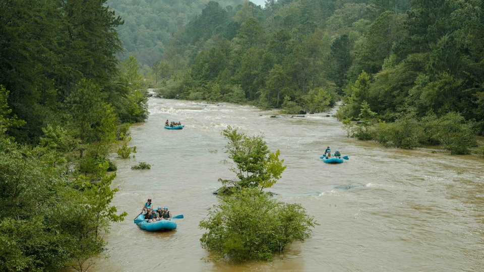 People rafting on a muddy river through a lush green forest.