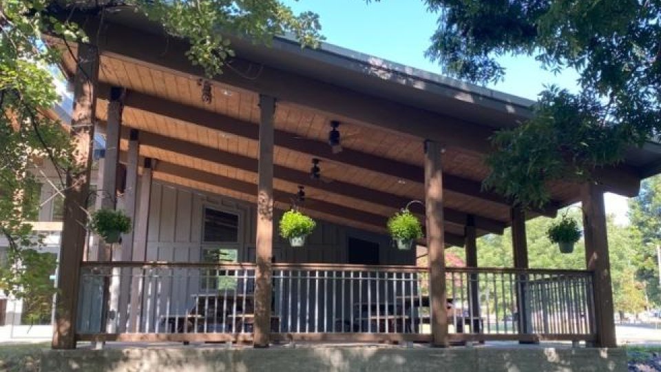 Wooden porch with hanging plants, shaded by trees.