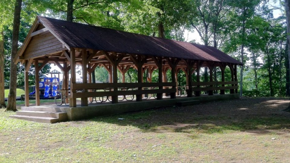 Wooden picnic shelter in a park surrounded by green trees.