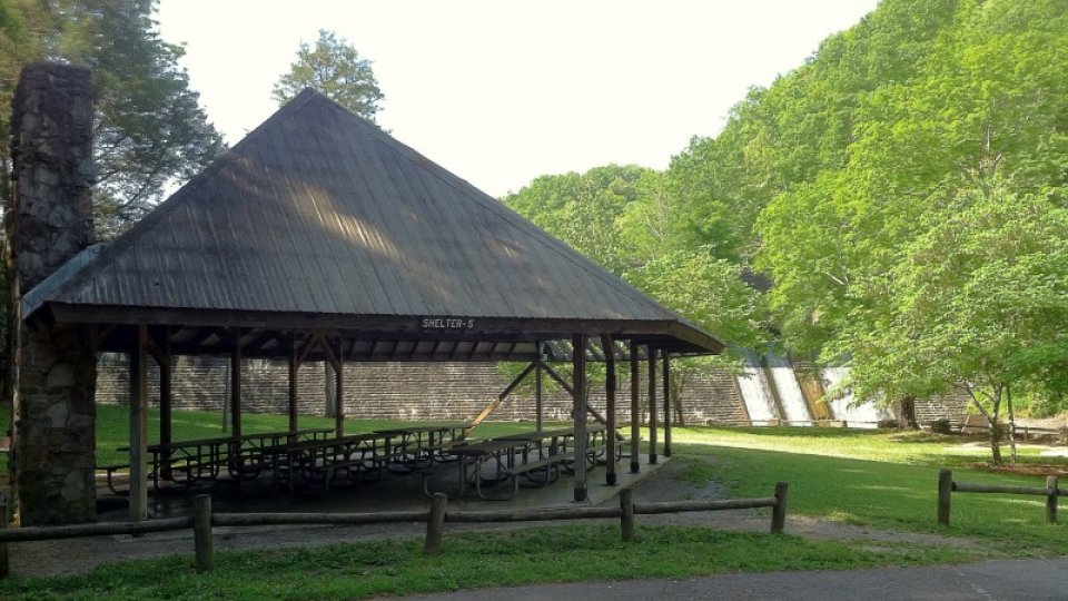 Pavilion with picnic tables near lush green trees.
