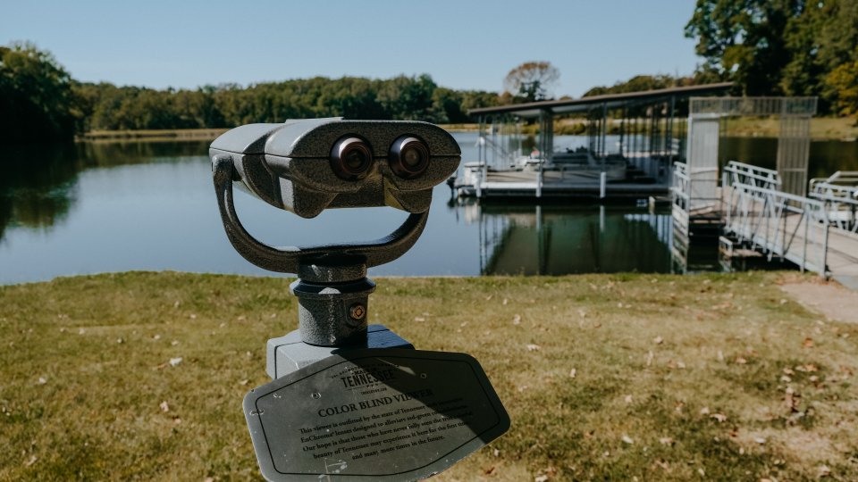 A colorblind viewfinder sits in front of Poplar Tree Lake under a cloudless, blue sky. A boat dock is seen on the far right side of the image. 