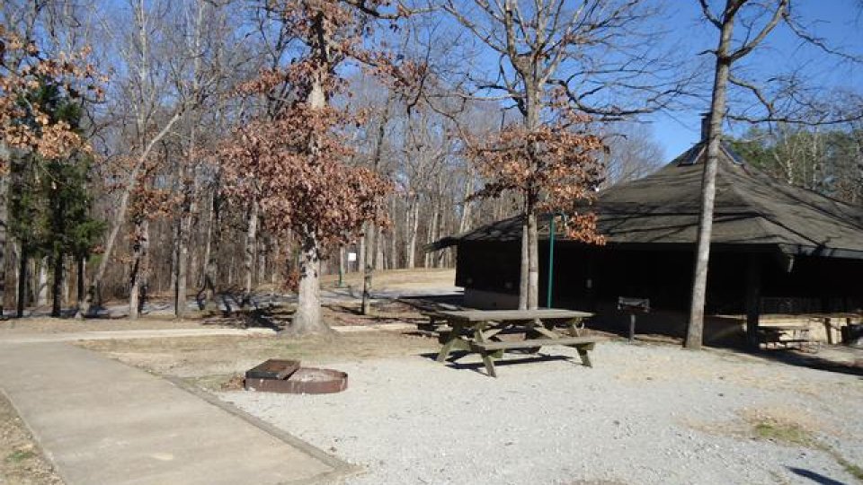 A serene campsite in winter features a picnic table and gravel pad. There a several trees on the campsite and a tree line is located not far behind it. 