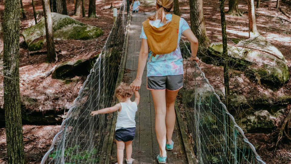 A mother and small child hold hands while crossing a suspension bridge in the woods.