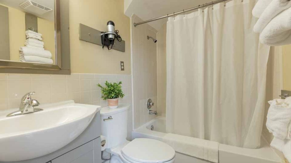 Bathroom with a white sink, toilet, and shower-tub with a white curtain.